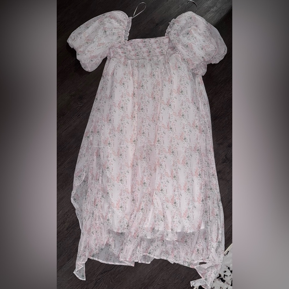 Sheer Pink Floral Puff-Sleeve Women’s Dress